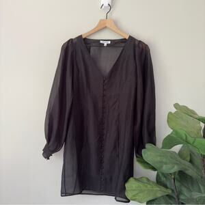 Good American Sheer Tulle Crepe Dress Overlay Button Down Puff Long Sleeve Black